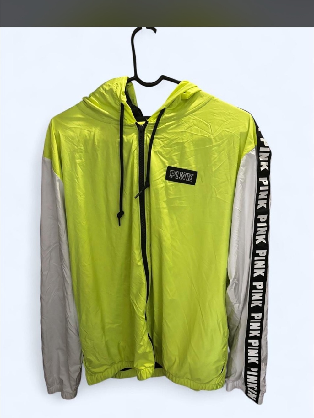 PINK Victoria's Secret Neon Yellow & White Hooded Windbreaker Jacket
